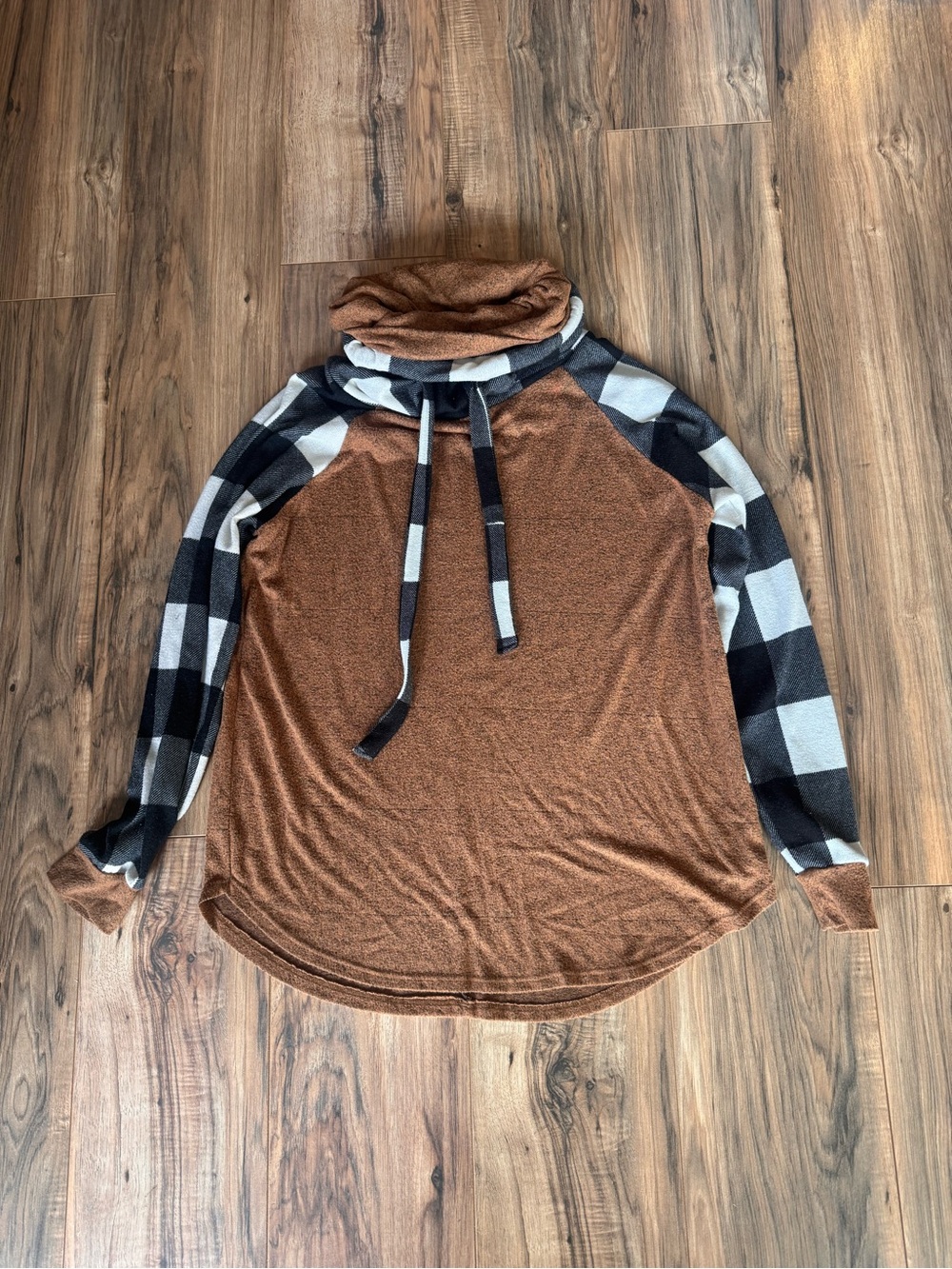 Cozy Brown Plaid Sleeve Cowl Neck Sweater